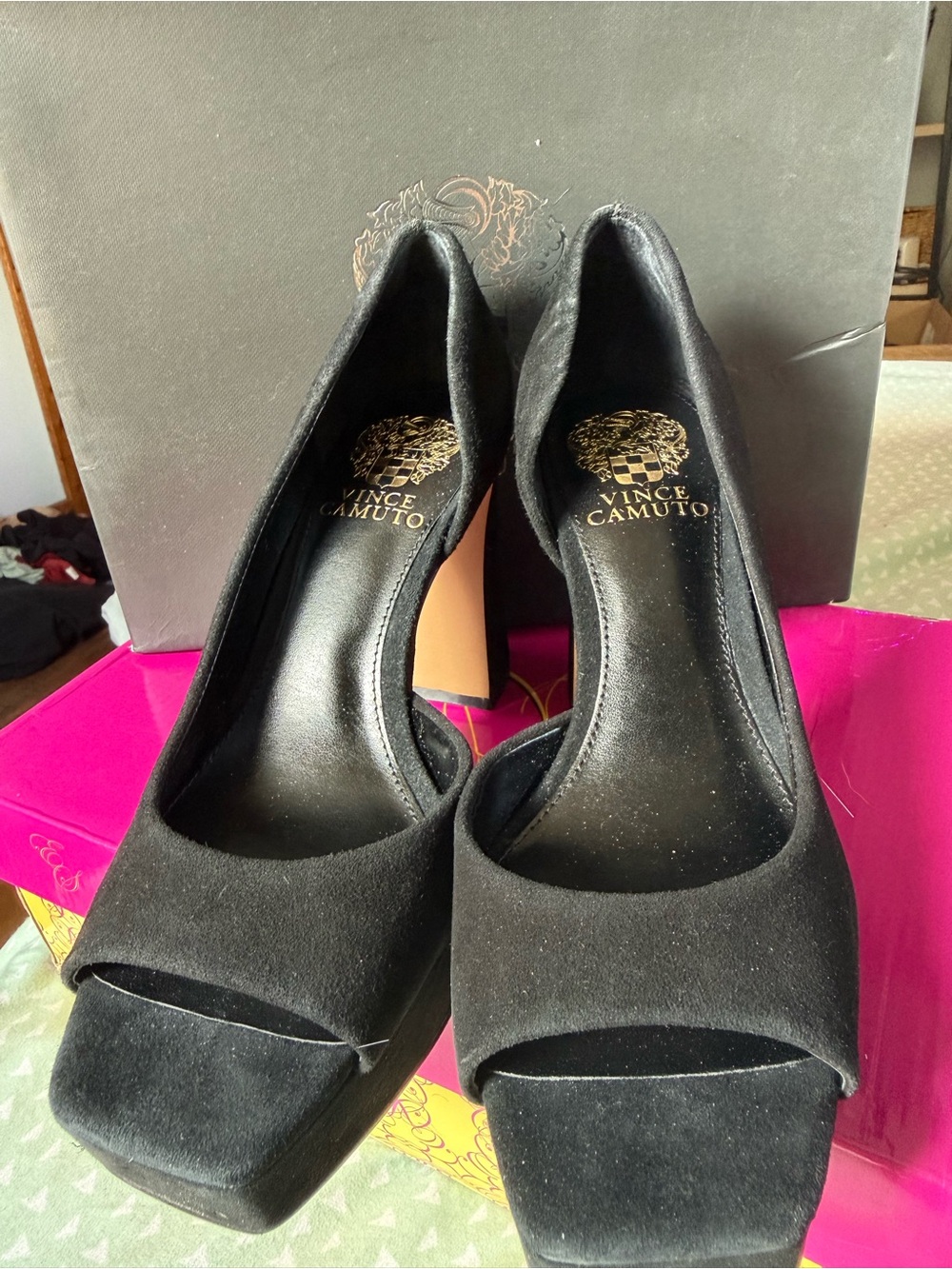 Vince Camuto Black Suede Peep-Toe Platform Heels